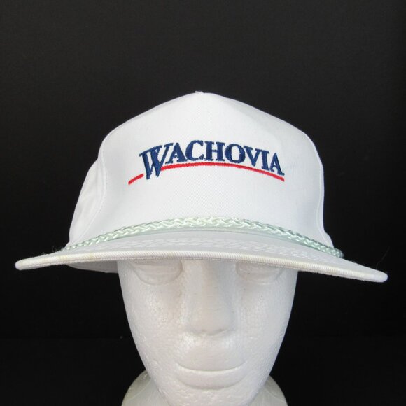 Wachovia Emb Logo Men's White Wide Brim w/Braid Adj Strap Back Trucker Cap Hat - Picture 2 of 8